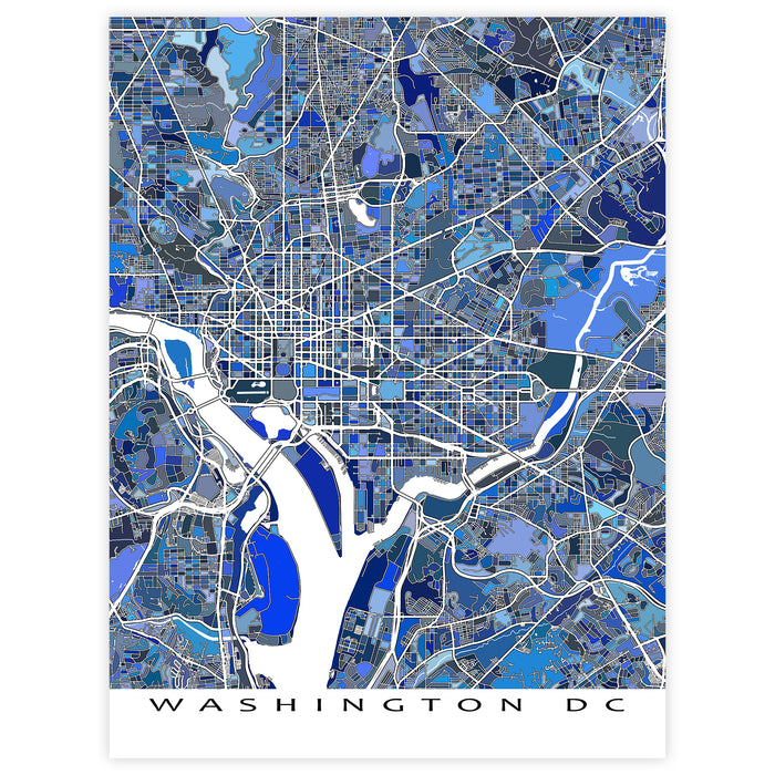 Map of Washington DC in blue and gray tones on a white background