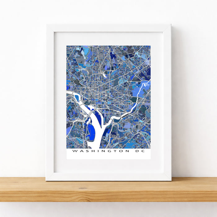 Framed map of Washington DC with a blue color scheme on a white background