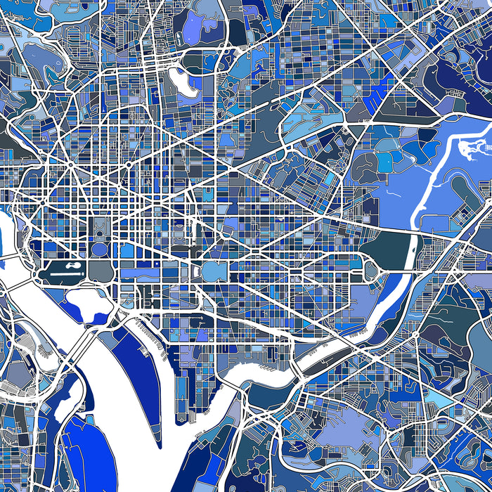 Colorful map of a city with grid lines and water bodies