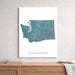Map of Washington state on a white wall above a wooden shelf.