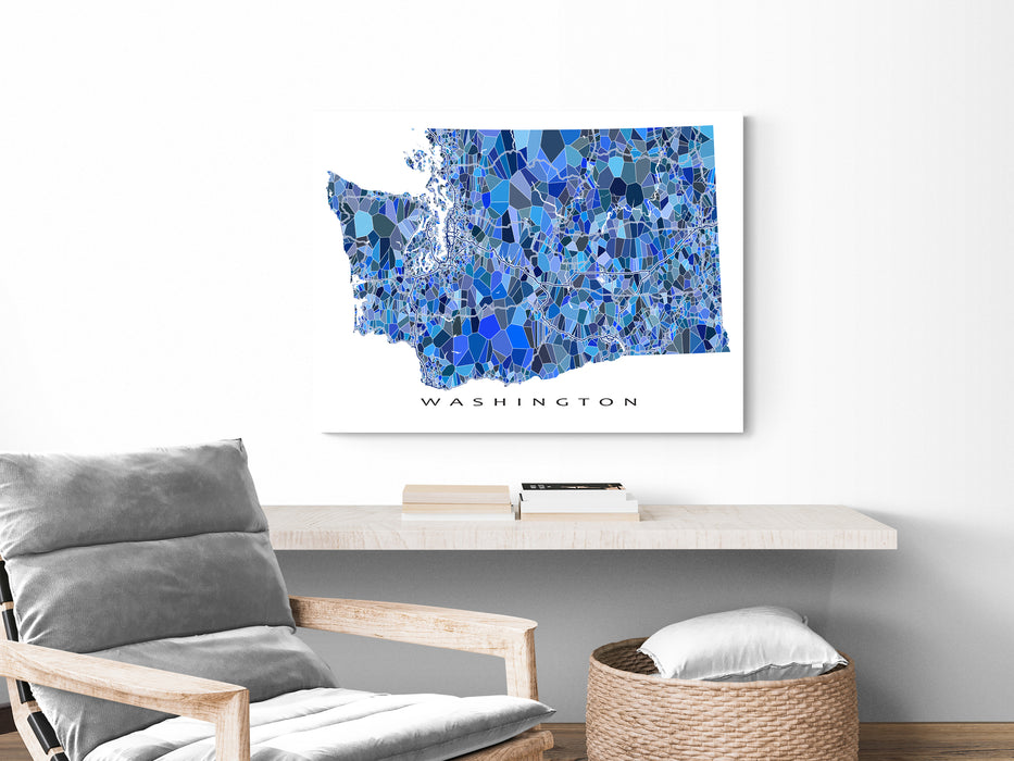 Washington state map art print in blue shapes designed by Maps As Art.