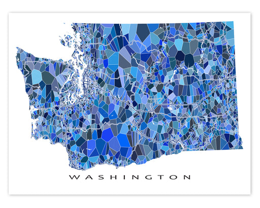 Washington state map art print in blue shapes designed by Maps As Art.