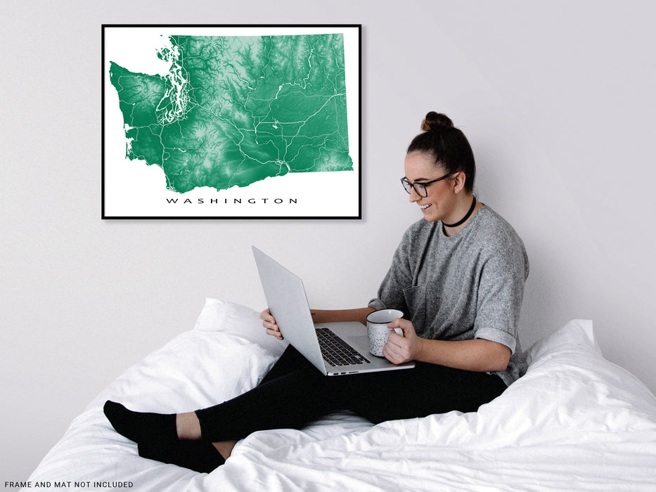 Washington state map print with natural landscape and main roads designed by Maps As Art.