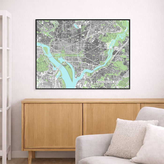 Framed city map of Washington DC on a wall above a wooden cabinet.