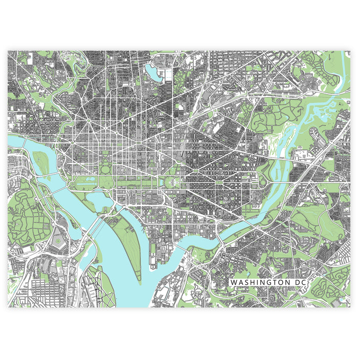 Map of Washington DC with green and gray colors