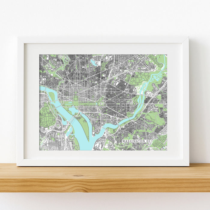 Framed map of Washington DC on a white wall