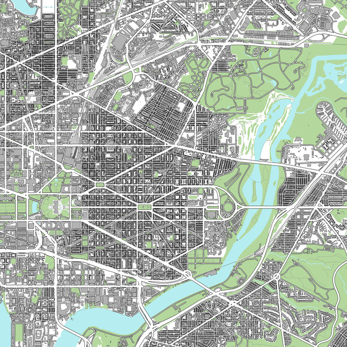 Map of a city with roads, buildings, and green spaces