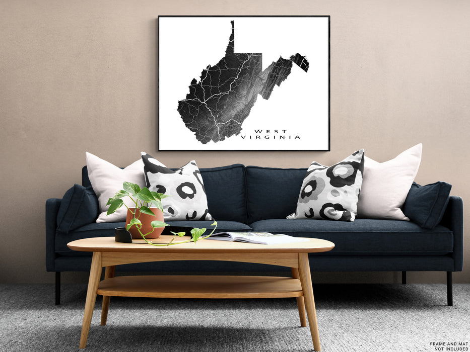 West Virginia state map print with natural landscape and main roads designed by Maps As Art.