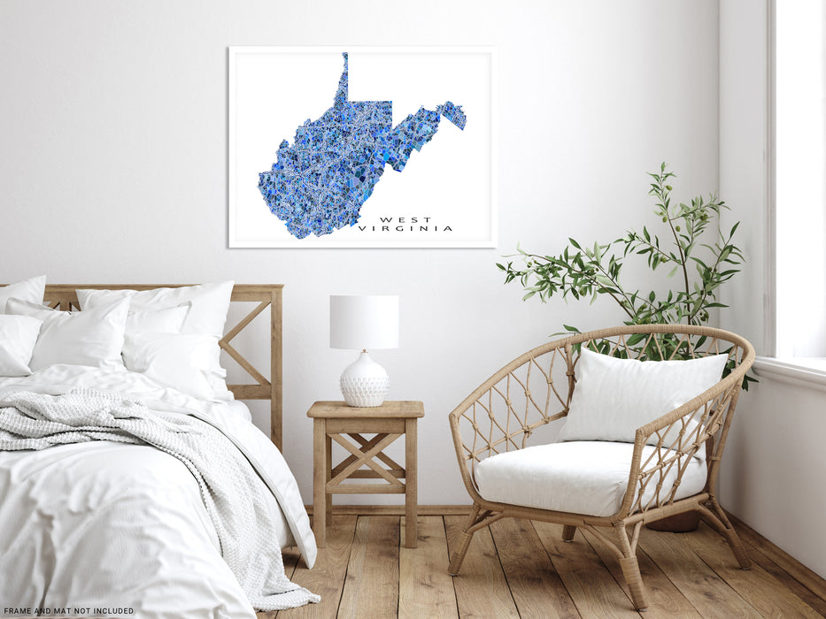 West Virginia state map art print in blue shapes designed by Maps As Art.