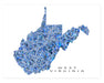 West Virginia state map art print in blue shapes designed by Maps As Art.