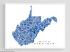 West Virginia state map art print in blue shapes designed by Maps As Art.
