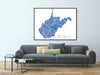West Virginia state map art print in blue shapes designed by Maps As Art.