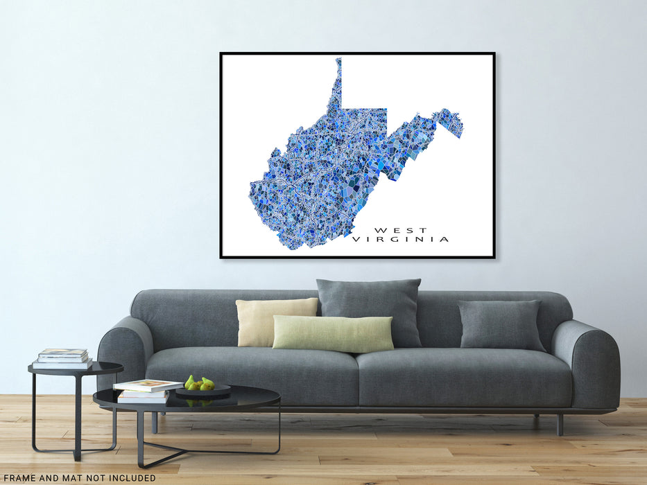 West Virginia state map art print in blue shapes designed by Maps As Art.