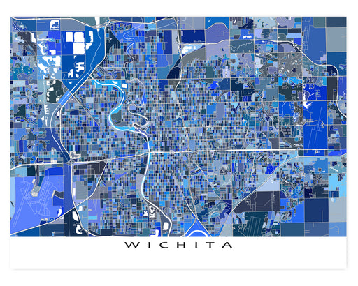 Wichita, Kansas map art print in blue shapes designed by Maps As Art.