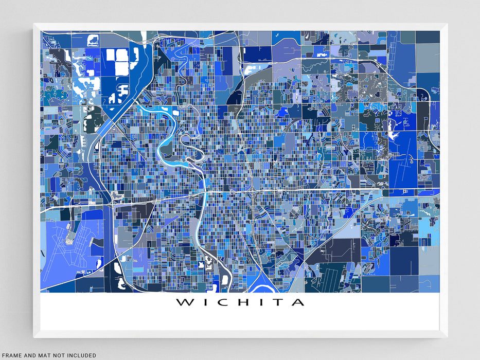 Wichita Map World Wichita Kansas City Street Map Wall Art Print Poster with Blue Geometr ...
