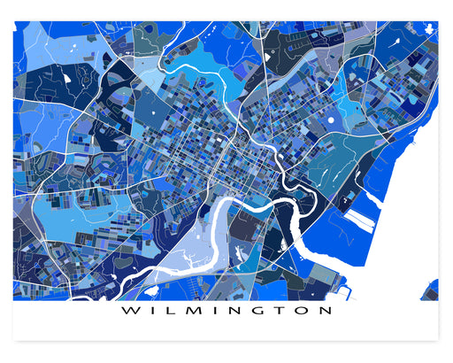 Wilmington, Delaware map art print in blue shapes designed by Maps As Art.