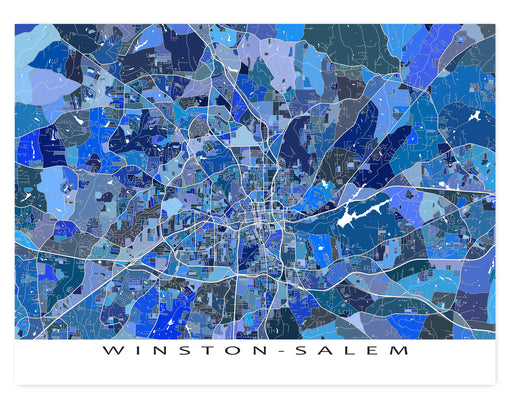 Winston-Salem, North Carolina map art print in blue shapes designed by Maps As Art.