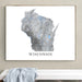 Framed map of Wisconsin on a wall above a white bench.