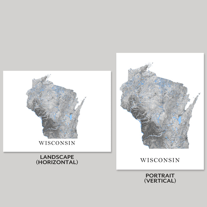 Two maps of Wisconsin, one in landscape horizontal orientation and the other in portrait vertical orientation, on a gray background.