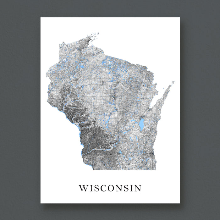 Map of Wisconsin with gray and blue colors on a white background
