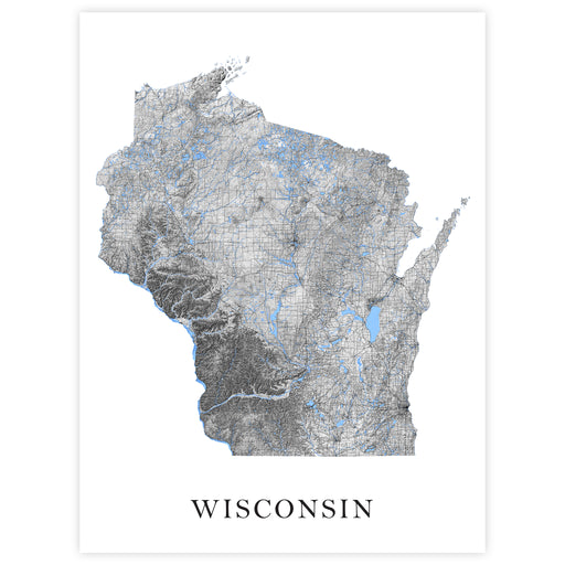 Topographic map of Wisconsin with gray color scheme