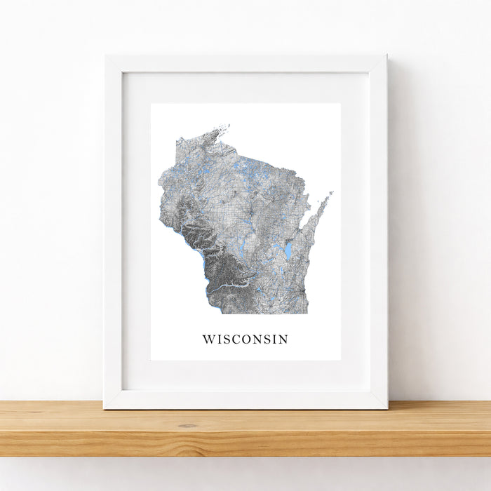 Framed map of Wisconsin on a white background