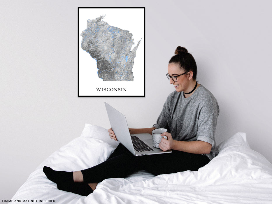 Wisconsin state map art print designed by Maps As Art.