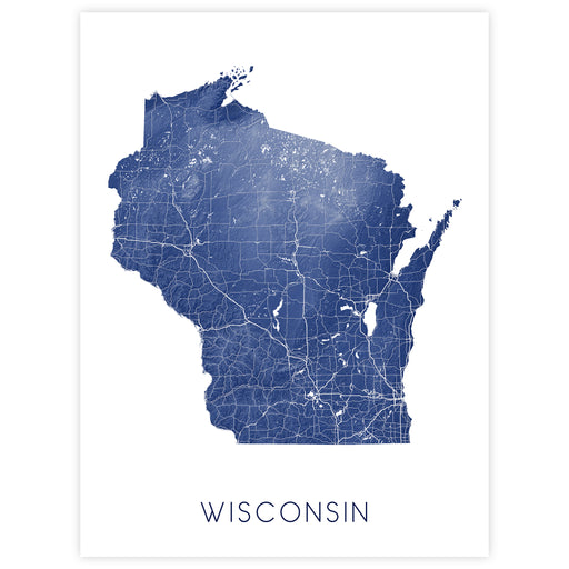 Map of Wisconsin in blue on a white background