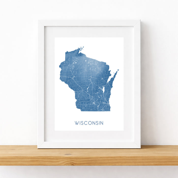 Framed map of Wisconsin on a white wall