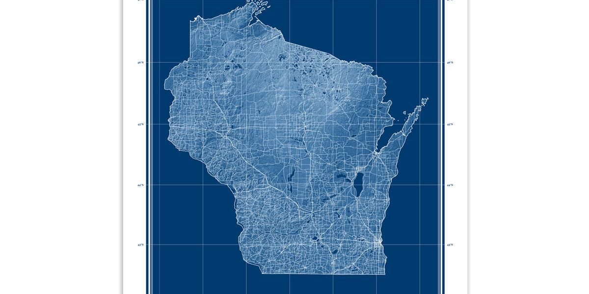 Wisconsin State Map Wall Art Print Poster with Blue Patent Blueprint D ...
