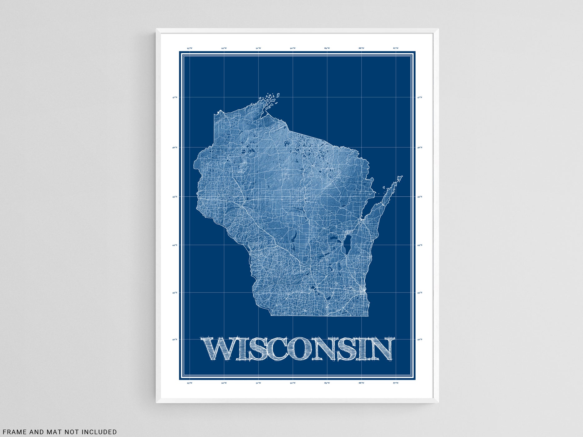 Wisconsin State Map Wall Art Print Poster with Blue Patent Blueprint D ...