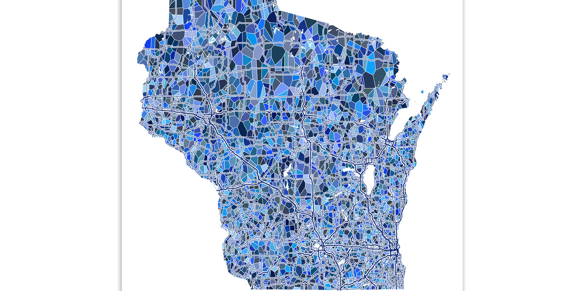 Wisconsin State Map Wall Art Print Poster with Blue Geometric Design ...