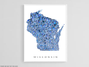 Wisconsin State Map Wall Art Print Poster with Blue Geometric Design ...