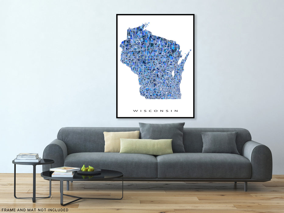 Wisconsin Map Blue Wisconsin State Map Wall Art Print Poster with Blue Geometric Design ...