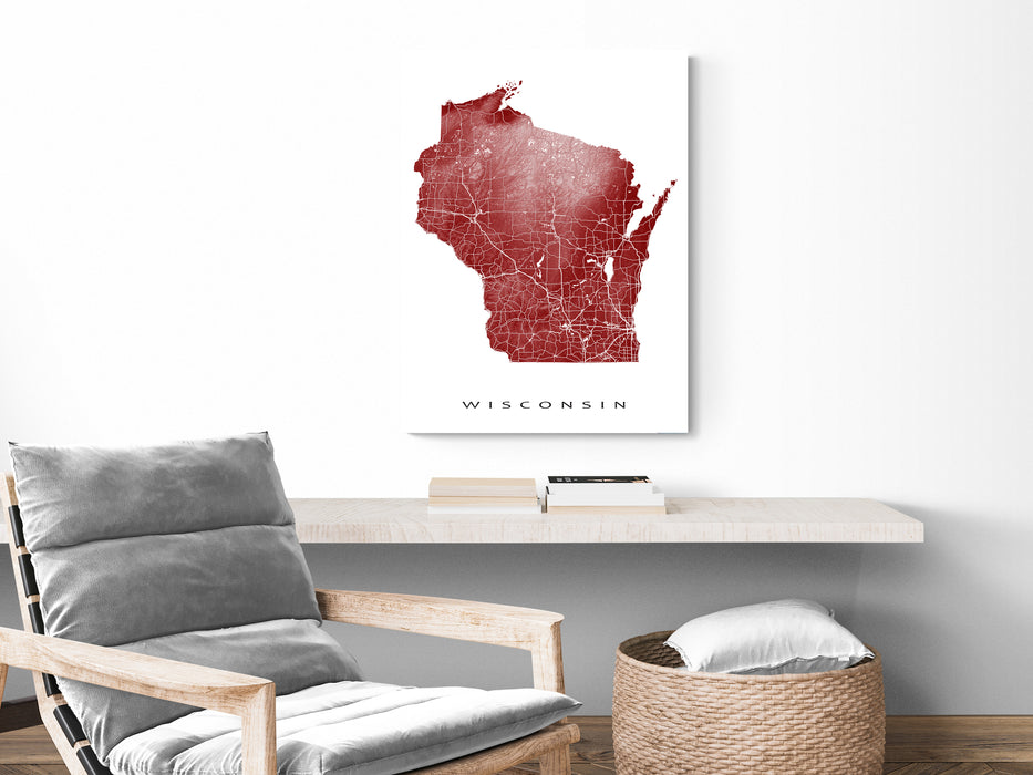 Wisconsin state map print with natural landscape and main roads designed by Maps As Art.