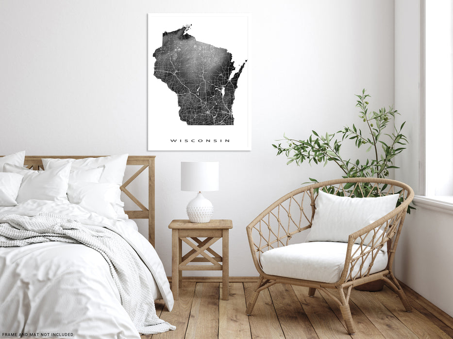 Wisconsin Map Print Poster, USA WI State Wall Art Road Maps, Milwaukee ...