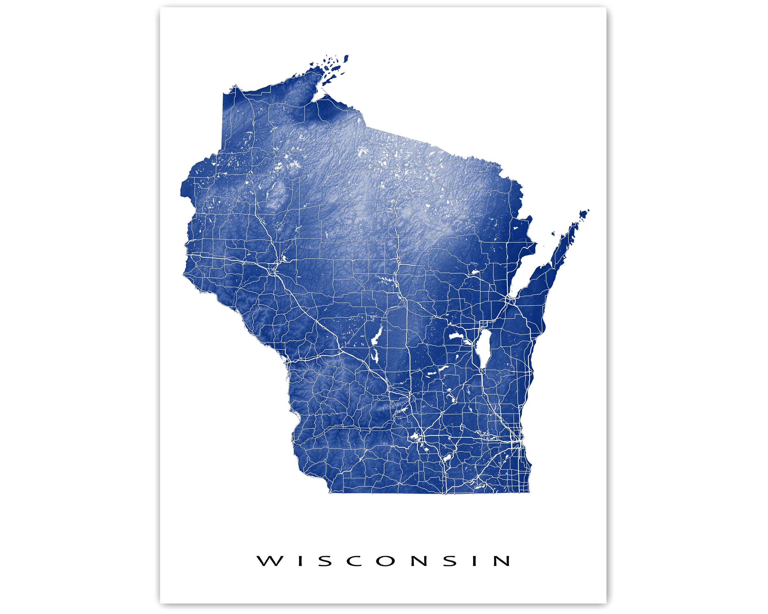 Wisconsin Map Print Poster, USA WI State Wall Art Road Maps, Milwaukee ...