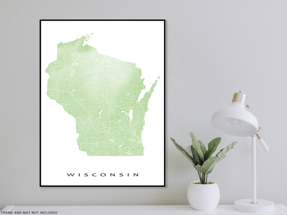Wisconsin state map print with natural landscape and main roads designed by Maps As Art.