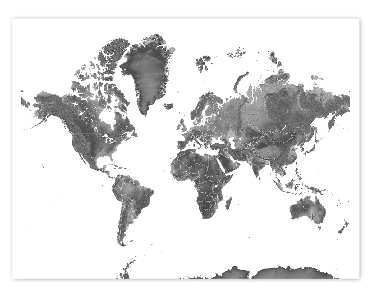 Map of the World, Black and White Topographic World Map with Countries —  Maps As Art, image size:1200x960