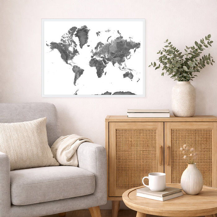 Living room with a world map poster, beige sofa, wooden cabinet, and decorative items.