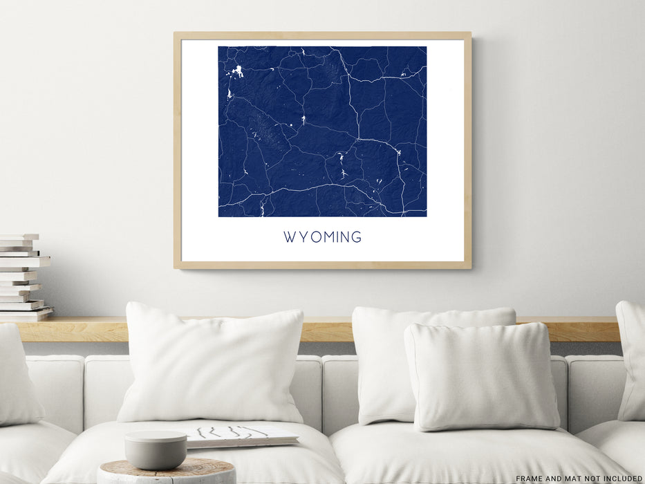 Wyoming state map print with a 3D topographic landscape design by Maps As Art.