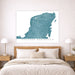 Map of Yucatan Peninsula on a wall above a bed in a bedroom.