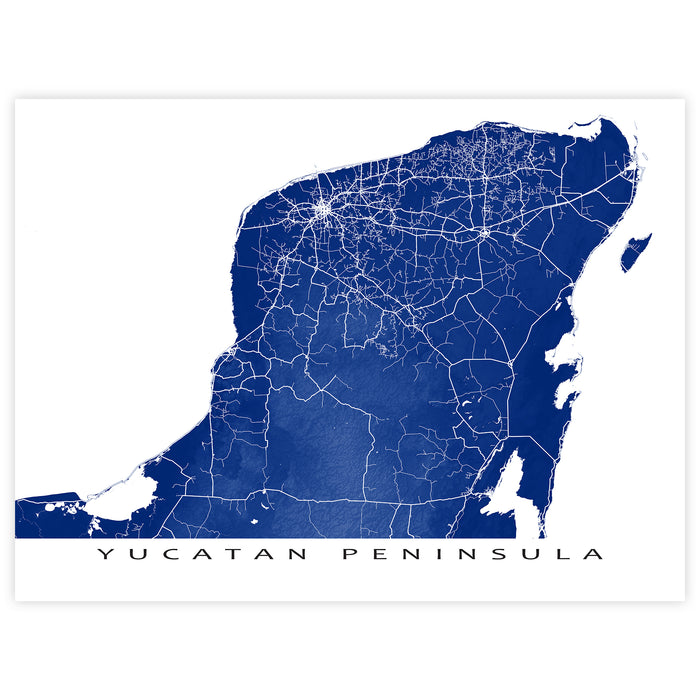 Map of the Yucatan Peninsula in blue on a white background