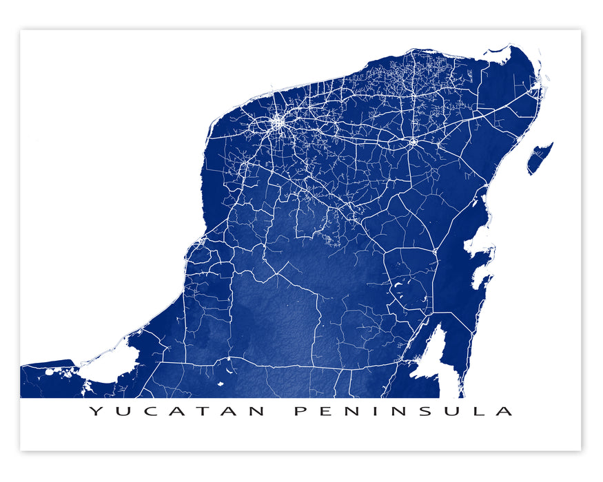 Yucatan Peninsula, Mexico map print with natural landscape and main roads designed by Maps As Art.