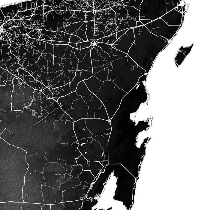 Map of a region with roads and boundaries in black and white