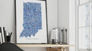 Indiana map art print in blue shapes video designed by Maps As Art.