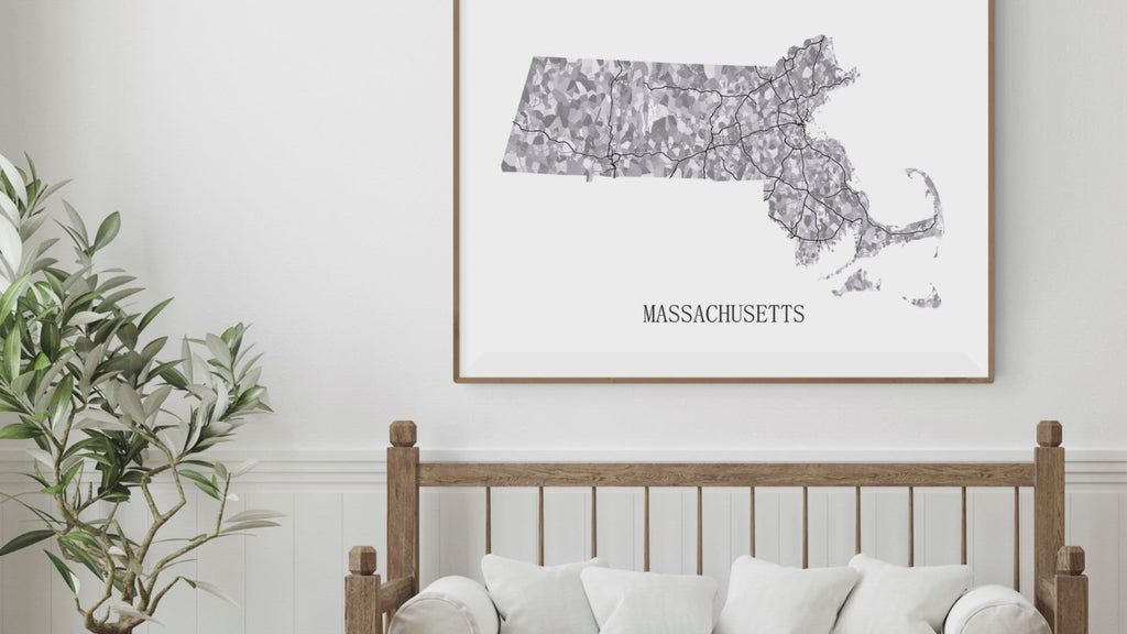 Massachusetts map print in a black and white design video by Maps As Art.