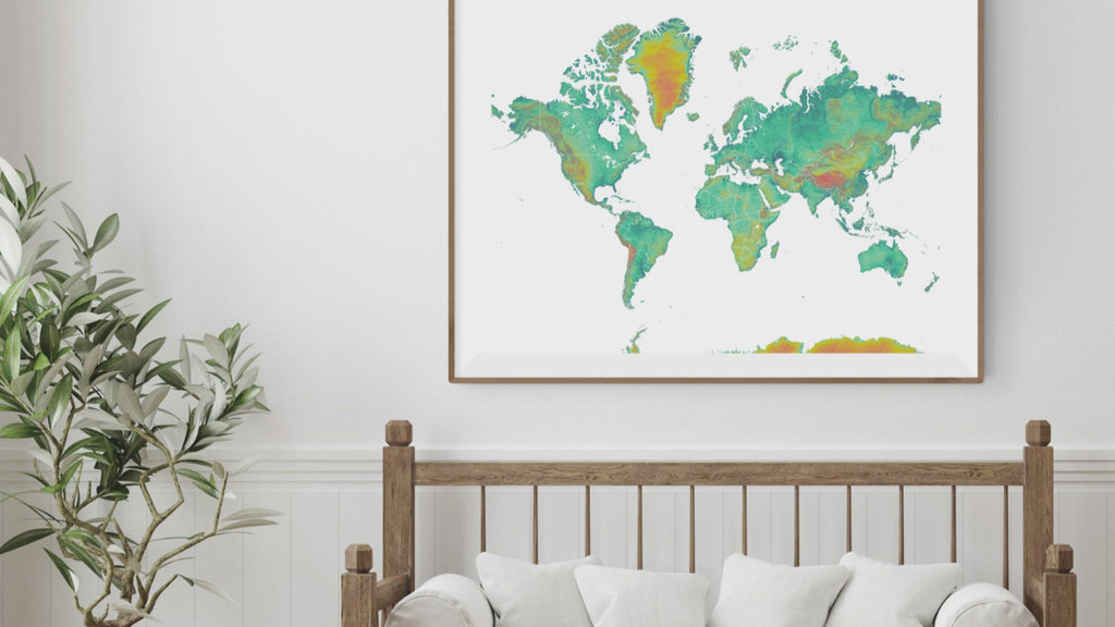World map print with natural landscape in a range of turquoise, yellow and orange colors video designed by Maps As Art.