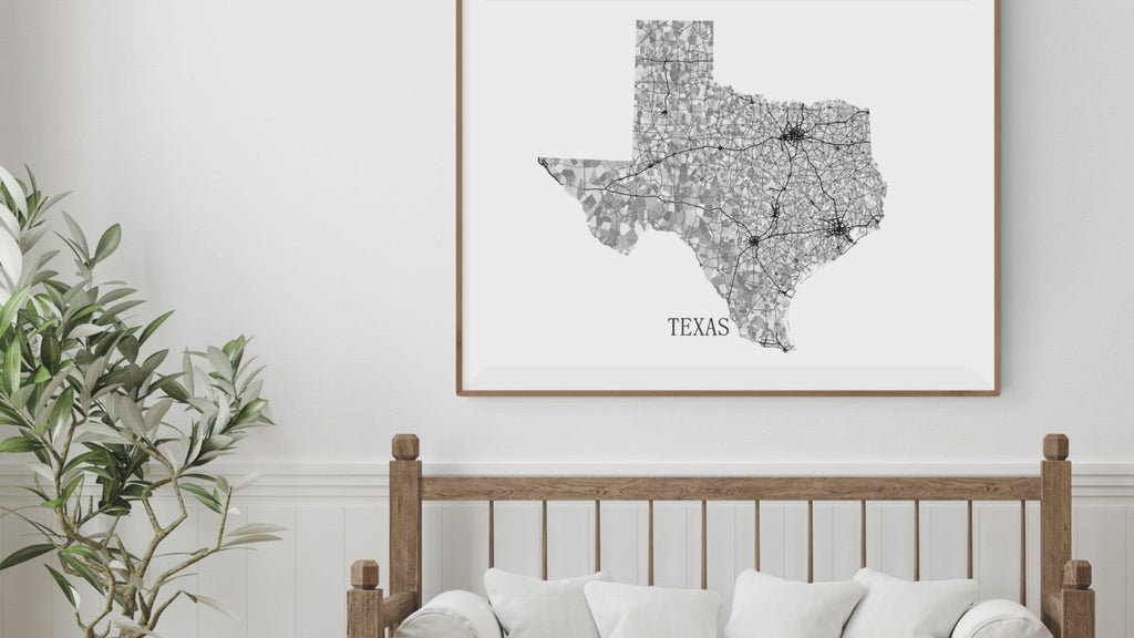 Texas map print in black and white shapes video by Maps As Art.