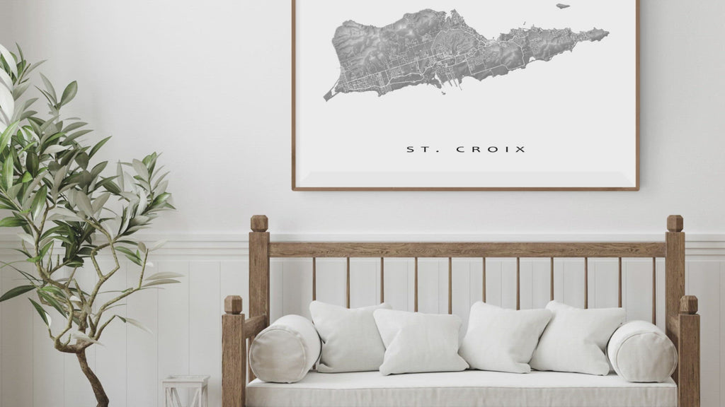 St. Croix, USVI map print with natural landscape and main streets video designed by Maps As Art.